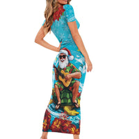 Hawaii Christmas Short Sleeve Bodycon Dress Mele Kalikimaka Poinsettia Lei Polynesian - Blue LT14 - Polynesian Pride