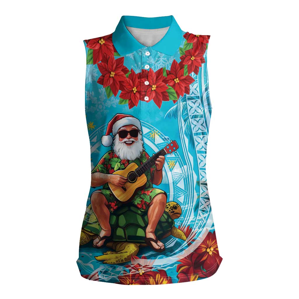 Hawaii Christmas Women Sleeveless Polo Shirt Mele Kalikimaka Poinsettia Lei Polynesian - Blue