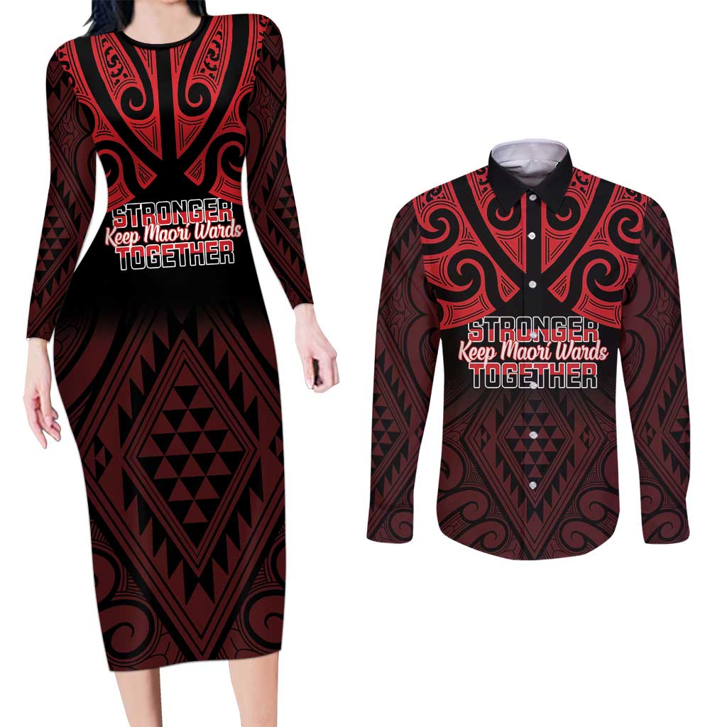 Personalised Keep Maori Wards New Zealand Couples Matching Long Sleeve Bodycon Dress and Long Sleeve Button Shirt Stronger Together Aotearoa Taniko - Polynesian Pride