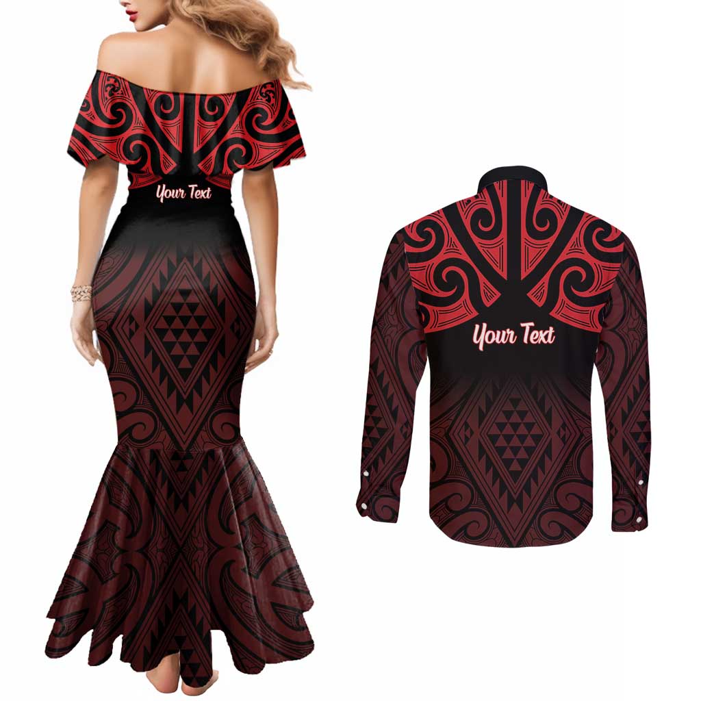 Personalised Keep Maori Wards New Zealand Couples Matching Mermaid Dress and Long Sleeve Button Shirt Stronger Together Aotearoa Taniko - Polynesian Pride