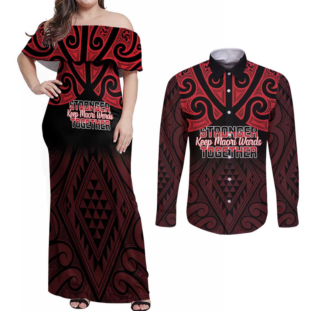 Personalised Keep Maori Wards New Zealand Couples Matching Off Shoulder Maxi Dress and Long Sleeve Button Shirt Stronger Together Aotearoa Taniko - Polynesian Pride