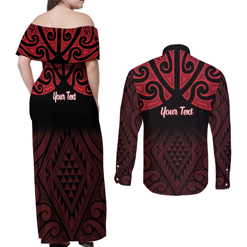 Personalised Keep Maori Wards New Zealand Couples Matching Off Shoulder Maxi Dress and Long Sleeve Button Shirt Stronger Together Aotearoa Taniko - Polynesian Pride