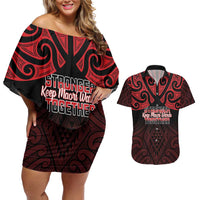 Personalised Keep Maori Wards New Zealand Couples Matching Off Shoulder Short Dress and Hawaiian Shirt Stronger Together Aotearoa Taniko - Polynesian Pride