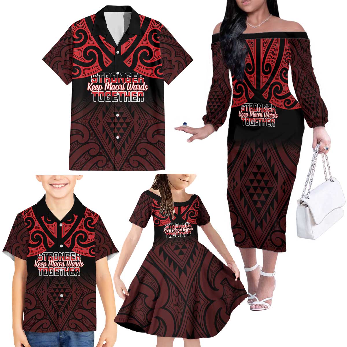 Personalised Keep Maori Wards New Zealand Family Matching Off The Shoulder Long Sleeve Dress and Hawaiian Shirt Stronger Together Aotearoa Taniko - Polynesian Pride