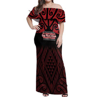 Personalised Keep Maori Wards New Zealand Off Shoulder Maxi Dress Stronger Together Aotearoa Taniko - Polynesian Pride