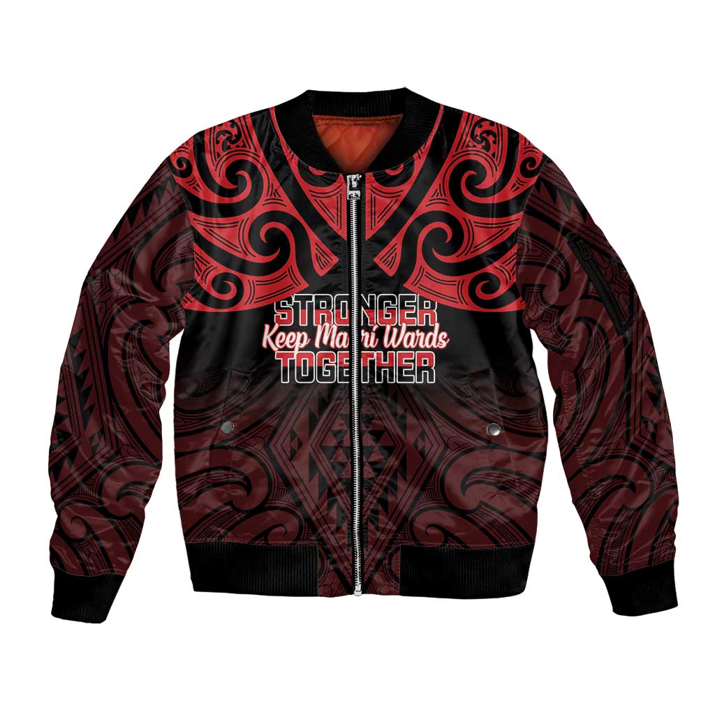 Personalised Keep Maori Wards New Zealand Sleeve Zip Bomber Jacket Stronger Together Aotearoa Taniko LT14 Unisex Black - Polynesian Pride