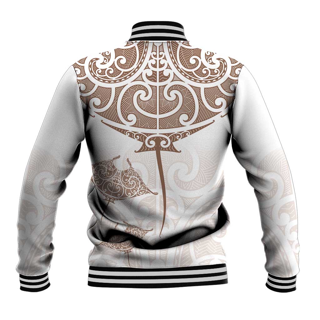 New Zealand Manta Ray Tattoo Baseball Jacket Aotearoa Maori Haehae Beige - Polynesian Pride