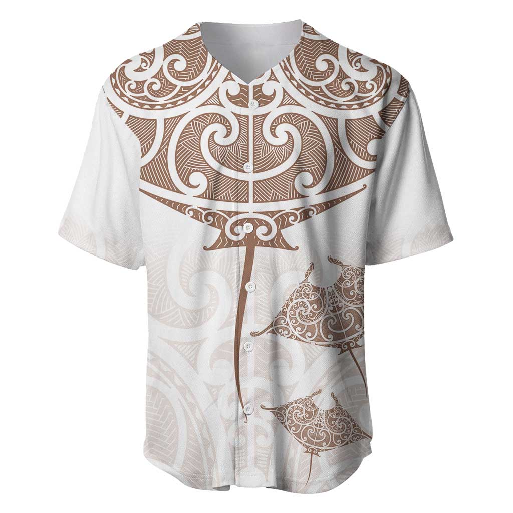 New Zealand Manta Ray Tattoo Baseball Jersey Aotearoa Maori Haehae Beige LT14 White - Polynesian Pride