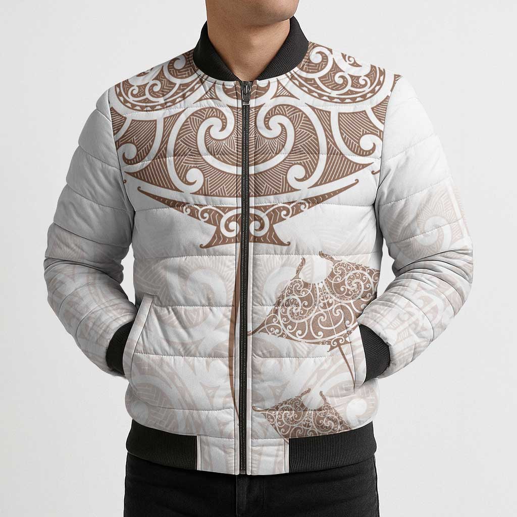 New Zealand Manta Ray Tattoo Bomber Puffer Jacket Aotearoa Maori Haehae Beige - Polynesian Pride