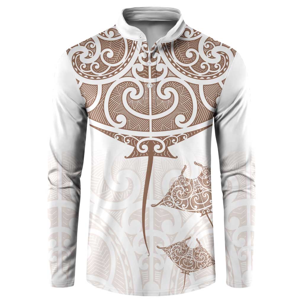 New Zealand Manta Ray Tattoo Button Sweatshirt Aotearoa Maori Haehae Beige LT14 White - Polynesian Pride
