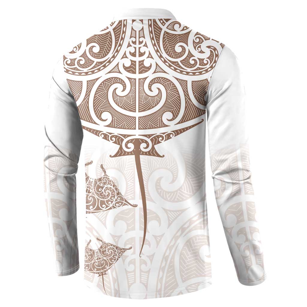 New Zealand Manta Ray Tattoo Button Sweatshirt Aotearoa Maori Haehae Beige LT14 - Polynesian Pride