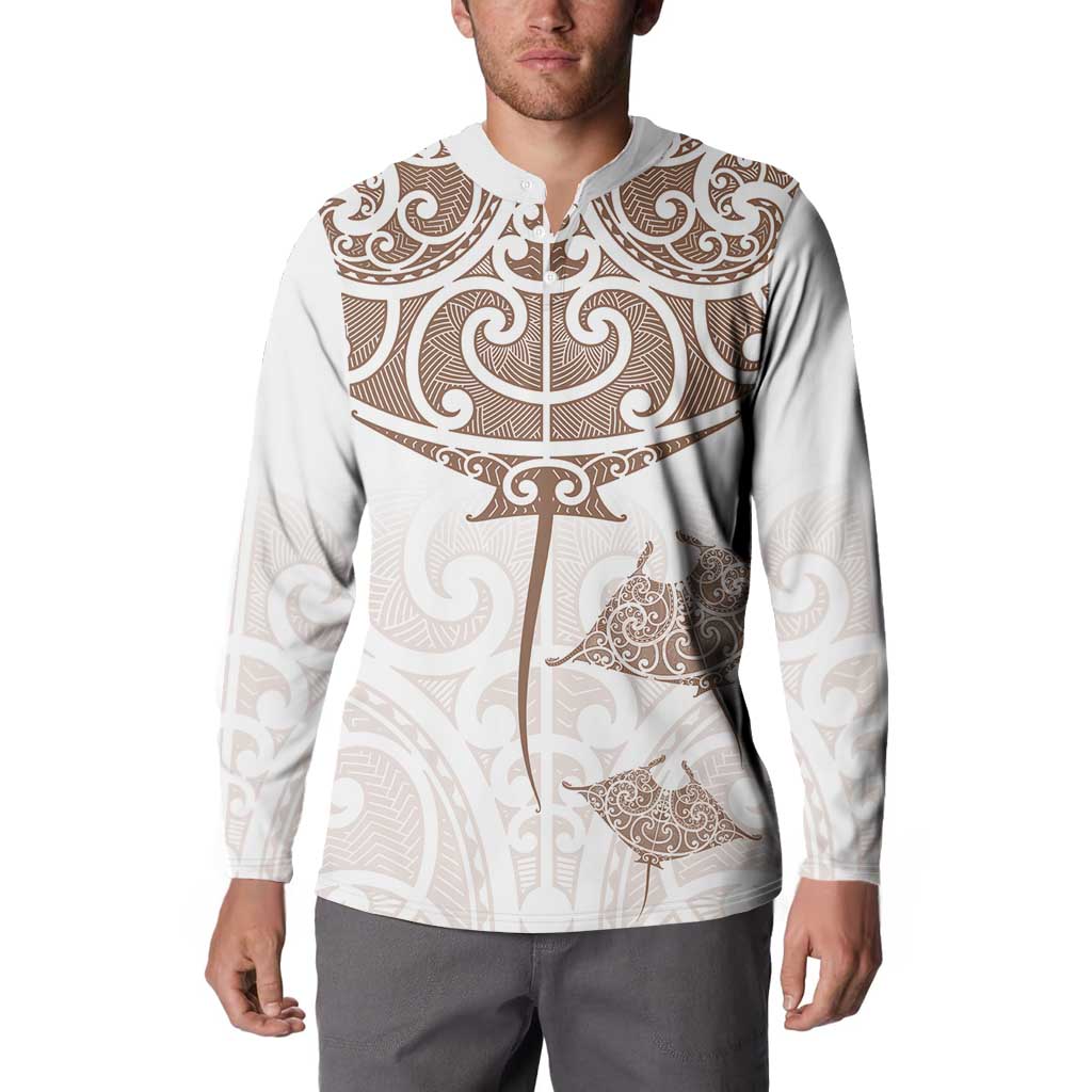 New Zealand Manta Ray Tattoo Button Sweatshirt Aotearoa Maori Haehae Beige LT14 - Polynesian Pride