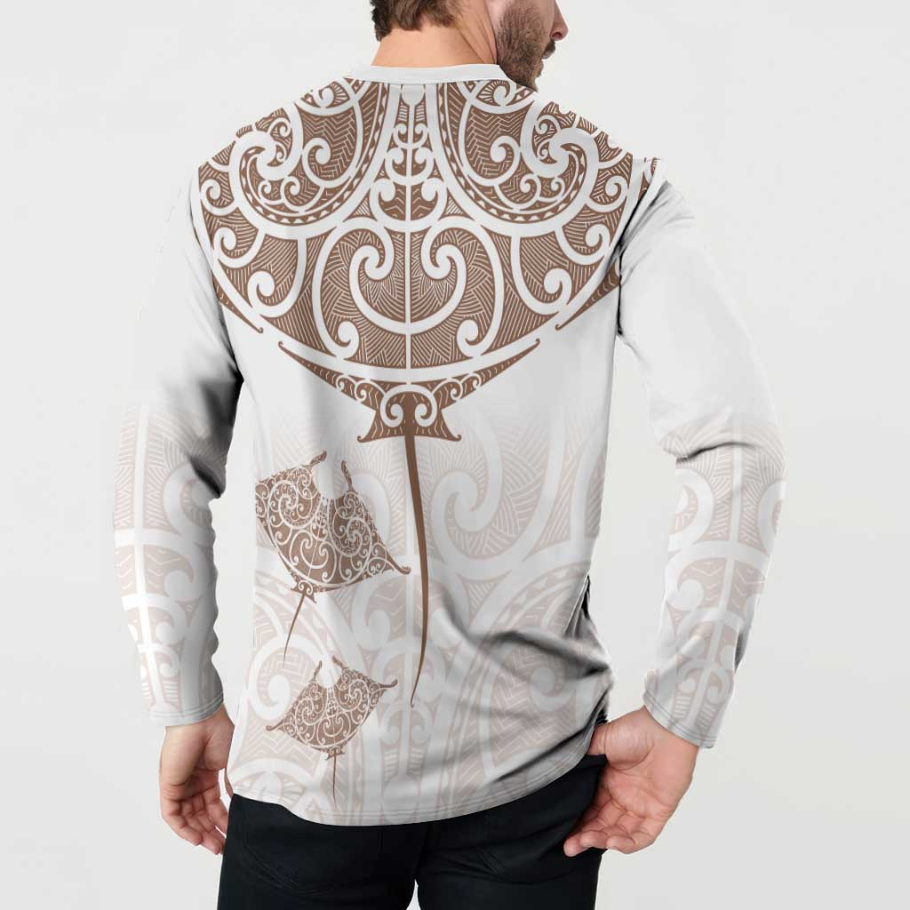 New Zealand Manta Ray Tattoo Button Sweatshirt Aotearoa Maori Haehae Beige LT14 - Polynesian Pride