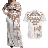 New Zealand Manta Ray Tattoo Couples Matching Off Shoulder Maxi Dress and Hawaiian Shirt Aotearoa Maori Haehae Beige - Polynesian Pride