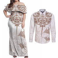 New Zealand Manta Ray Tattoo Couples Matching Off Shoulder Maxi Dress and Long Sleeve Button Shirt Aotearoa Maori Haehae Beige - Polynesian Pride
