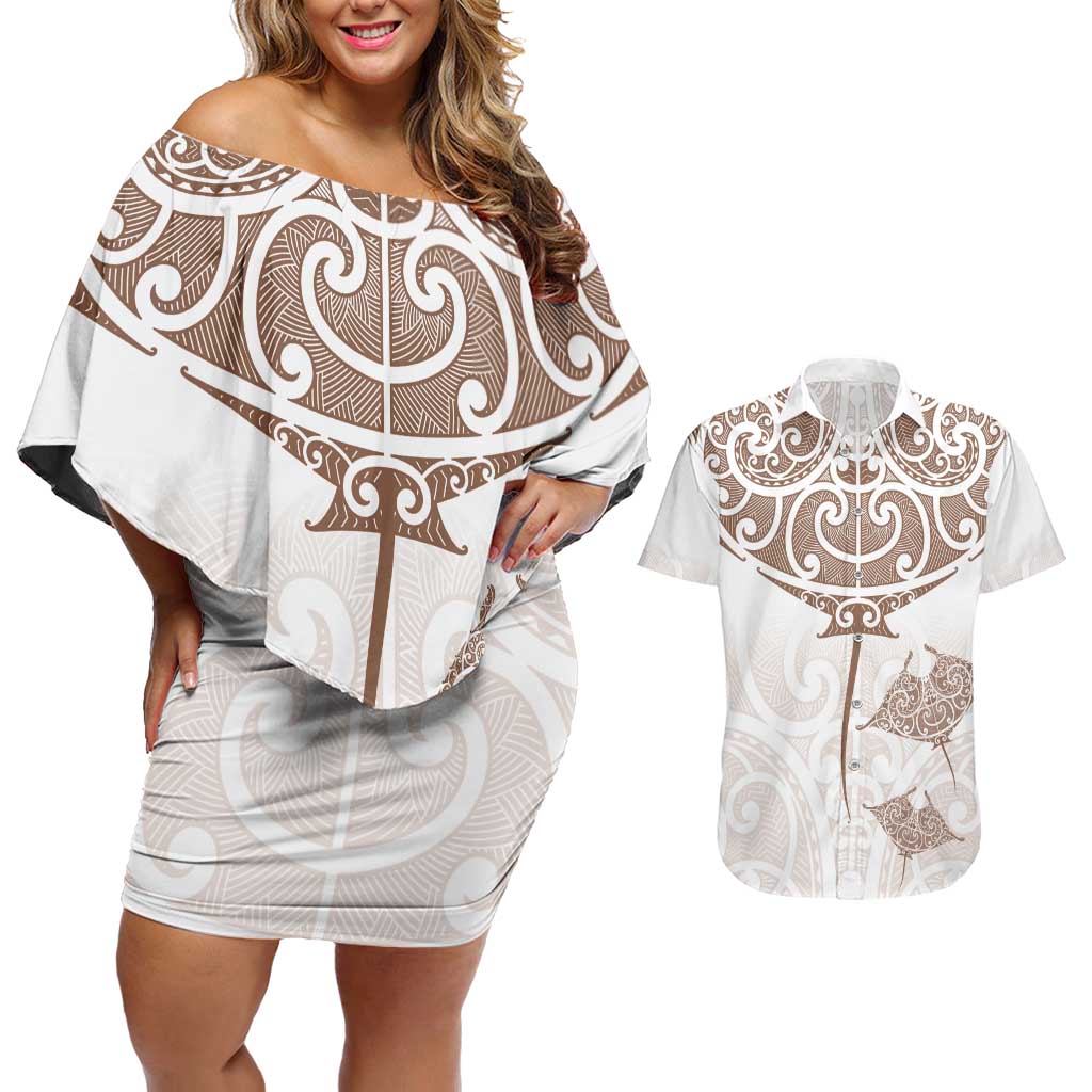 New Zealand Manta Ray Tattoo Couples Matching Off Shoulder Short Dress and Hawaiian Shirt Aotearoa Maori Haehae Beige - Polynesian Pride