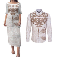 New Zealand Manta Ray Tattoo Couples Matching Puletasi and Long Sleeve Button Shirt Aotearoa Maori Haehae Beige - Polynesian Pride