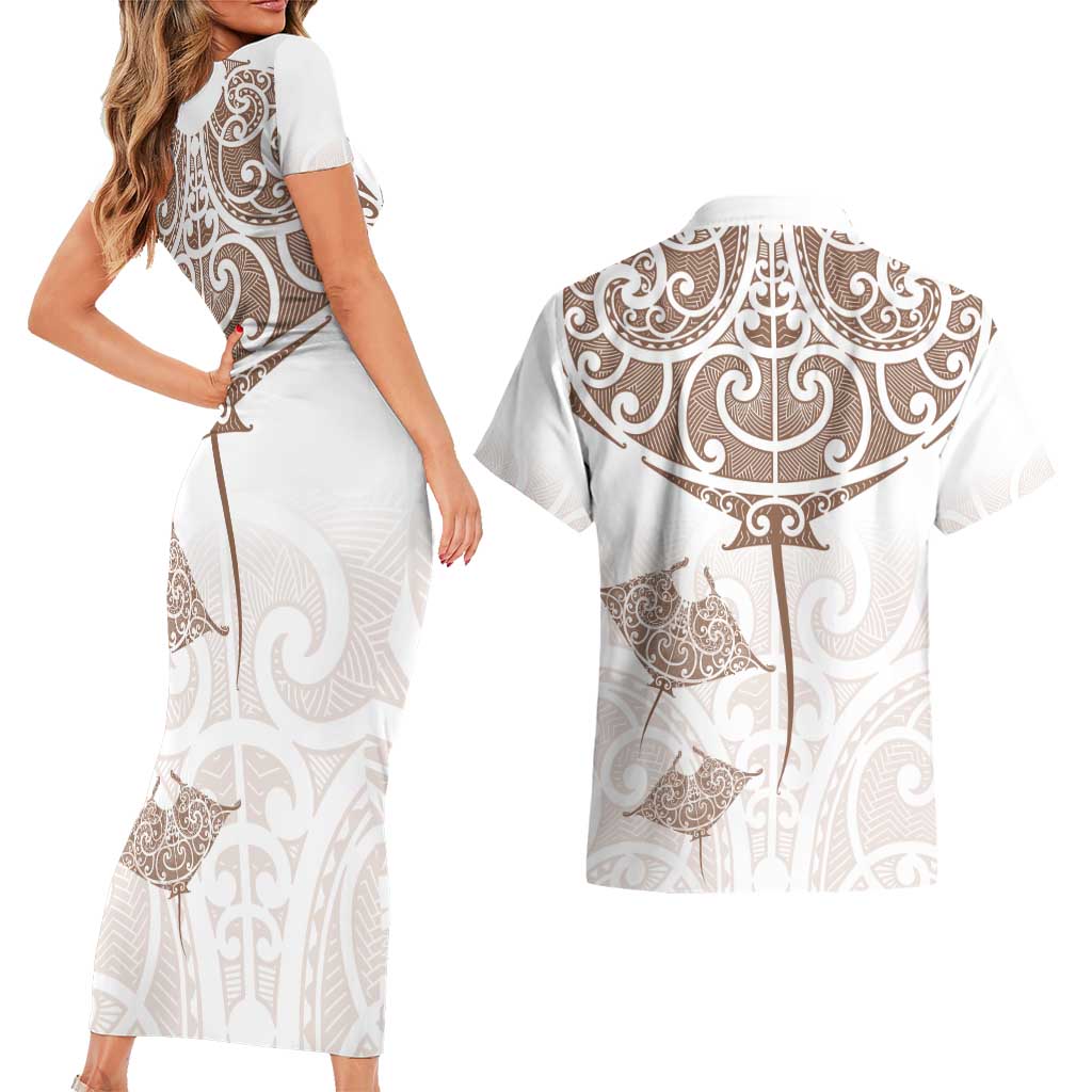 New Zealand Manta Ray Tattoo Couples Matching Short Sleeve Bodycon Dress and Hawaiian Shirt Aotearoa Maori Haehae Beige - Polynesian Pride