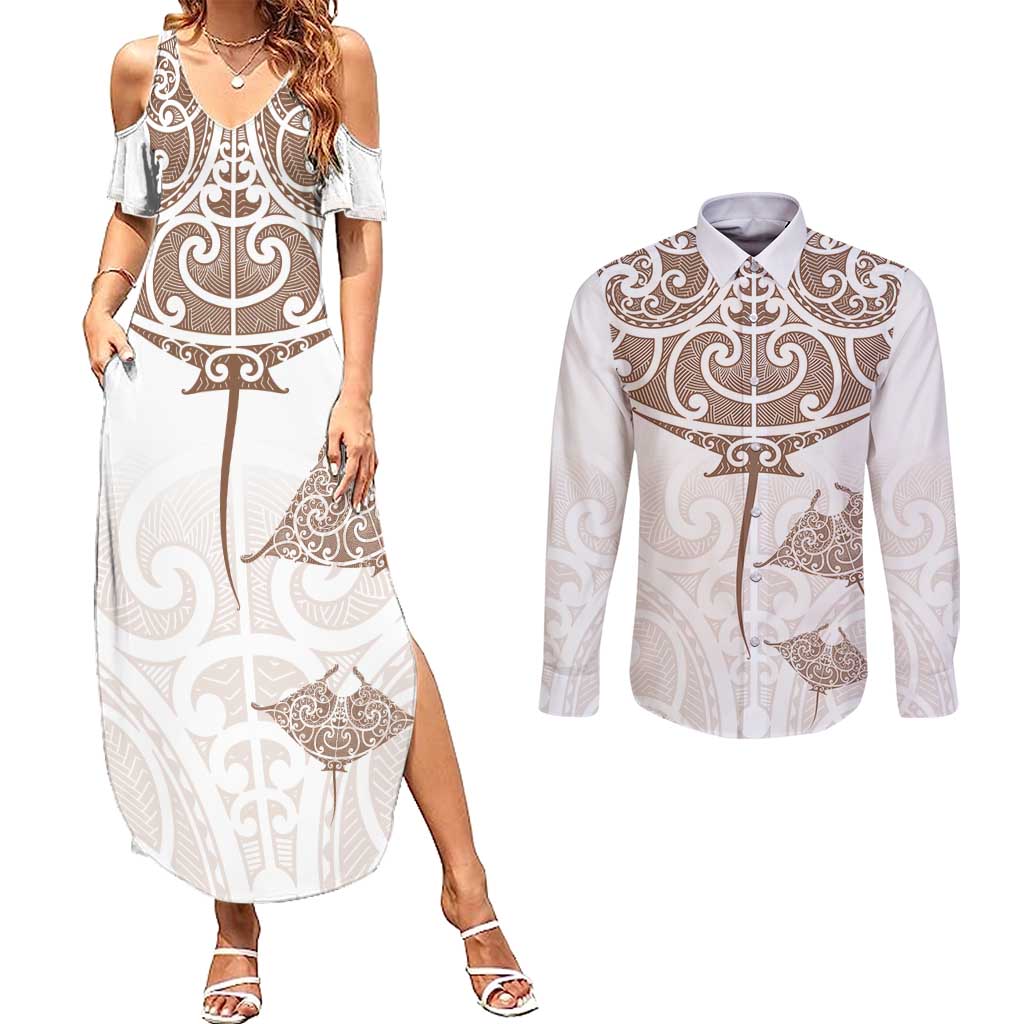New Zealand Manta Ray Tattoo Couples Matching Summer Maxi Dress and Long Sleeve Button Shirt Aotearoa Maori Haehae Beige - Polynesian Pride