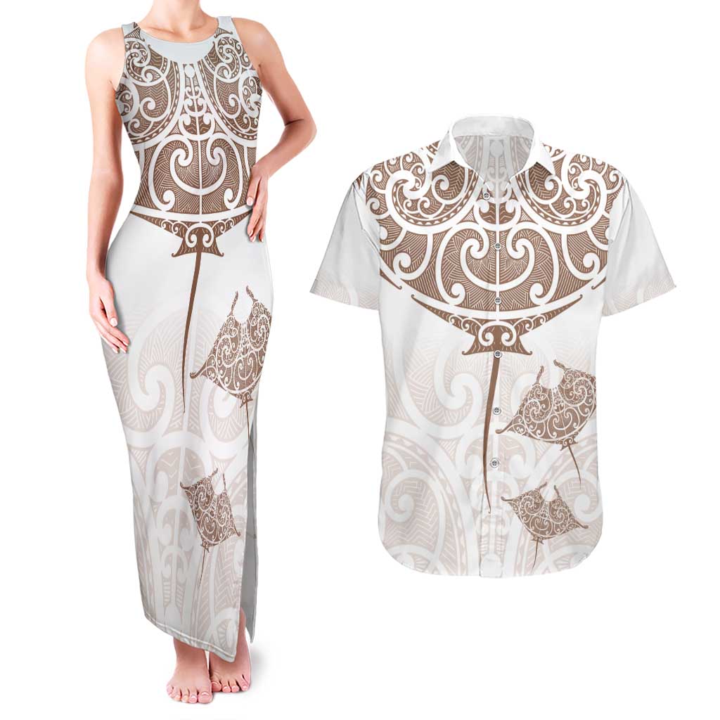 New Zealand Manta Ray Tattoo Couples Matching Tank Maxi Dress and Hawaiian Shirt Aotearoa Maori Haehae Beige - Polynesian Pride