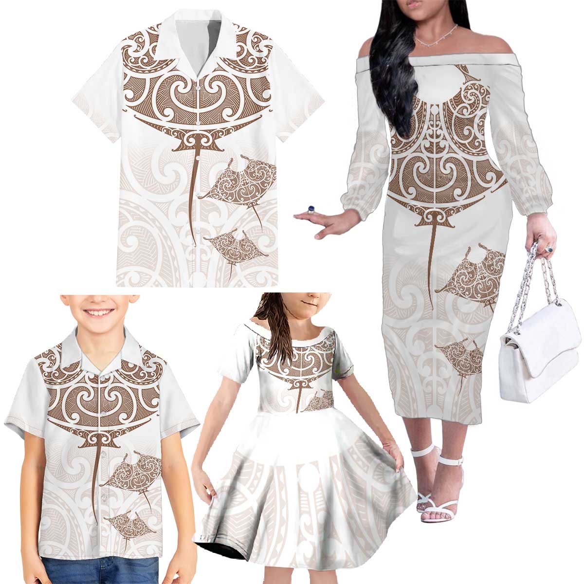New Zealand Manta Ray Tattoo Family Matching Off The Shoulder Long Sleeve Dress and Hawaiian Shirt Aotearoa Maori Haehae Beige - Polynesian Pride