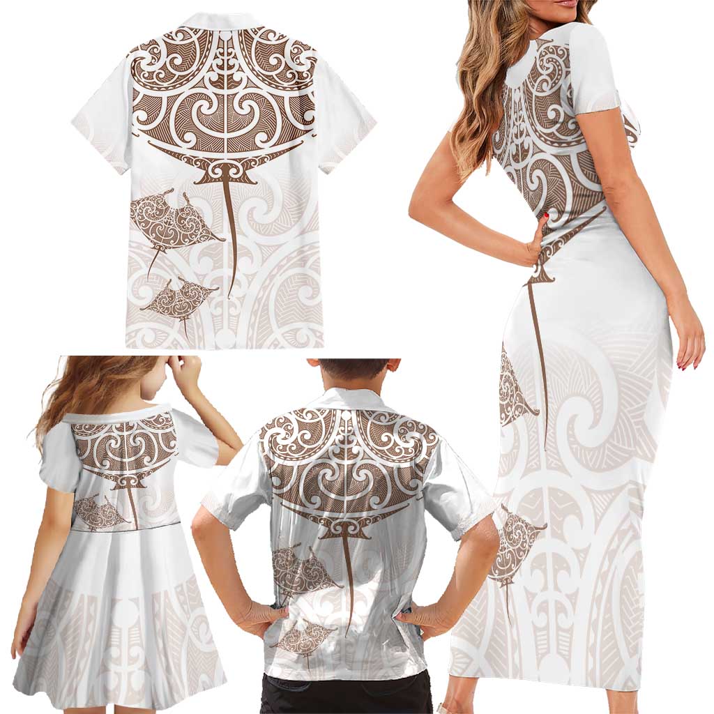 New Zealand Manta Ray Tattoo Family Matching Short Sleeve Bodycon Dress and Hawaiian Shirt Aotearoa Maori Haehae Beige - Polynesian Pride