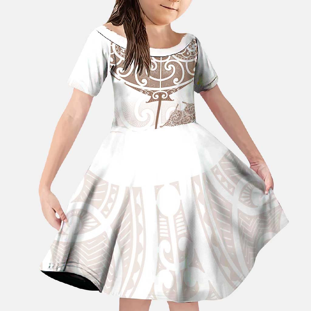 New Zealand Manta Ray Tattoo Family Matching Summer Maxi Dress and Hawaiian Shirt Aotearoa Maori Haehae Beige - Polynesian Pride