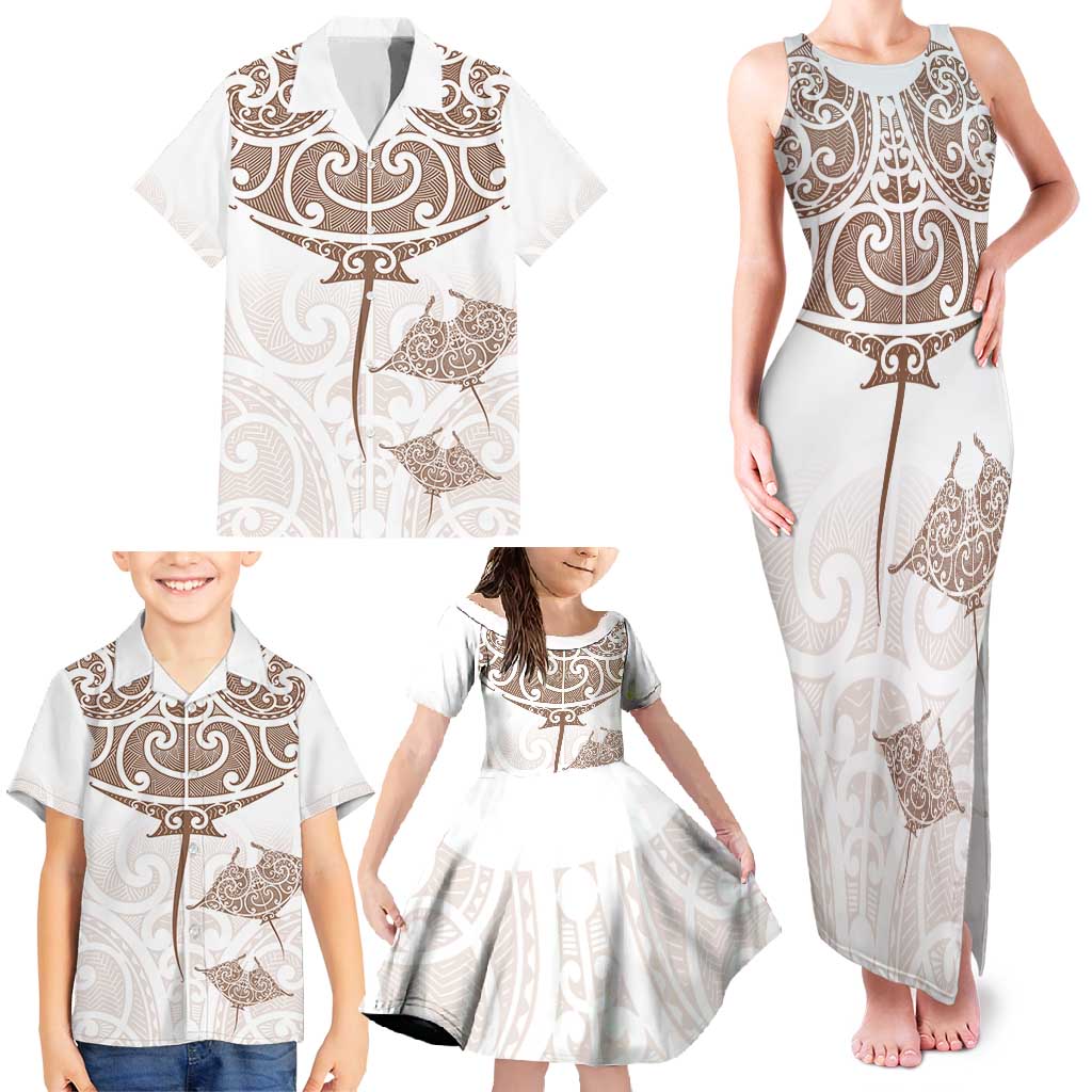 New Zealand Manta Ray Tattoo Family Matching Tank Maxi Dress and Hawaiian Shirt Aotearoa Maori Haehae Beige - Polynesian Pride