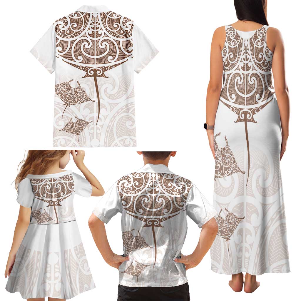New Zealand Manta Ray Tattoo Family Matching Tank Maxi Dress and Hawaiian Shirt Aotearoa Maori Haehae Beige - Polynesian Pride