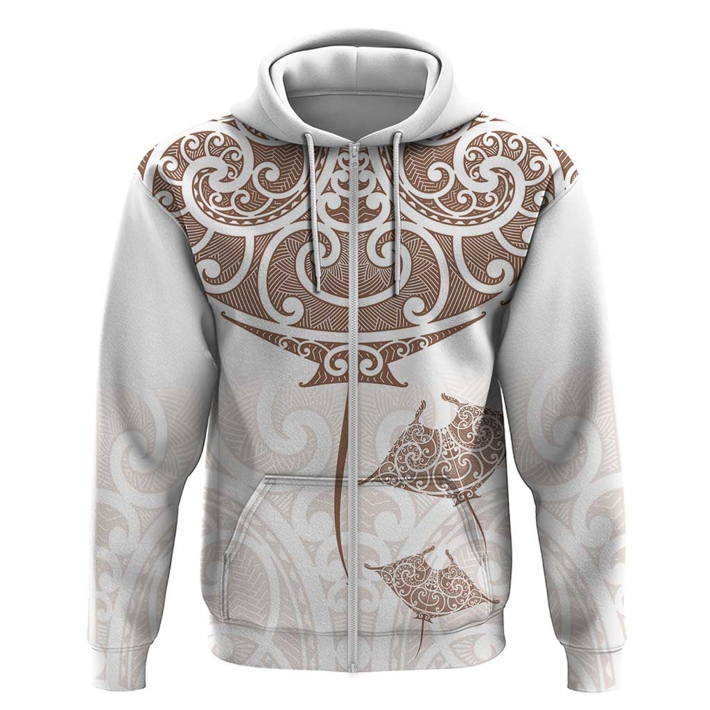 New Zealand Manta Ray Tattoo Hoodie Aotearoa Maori Haehae Beige - Polynesian Pride