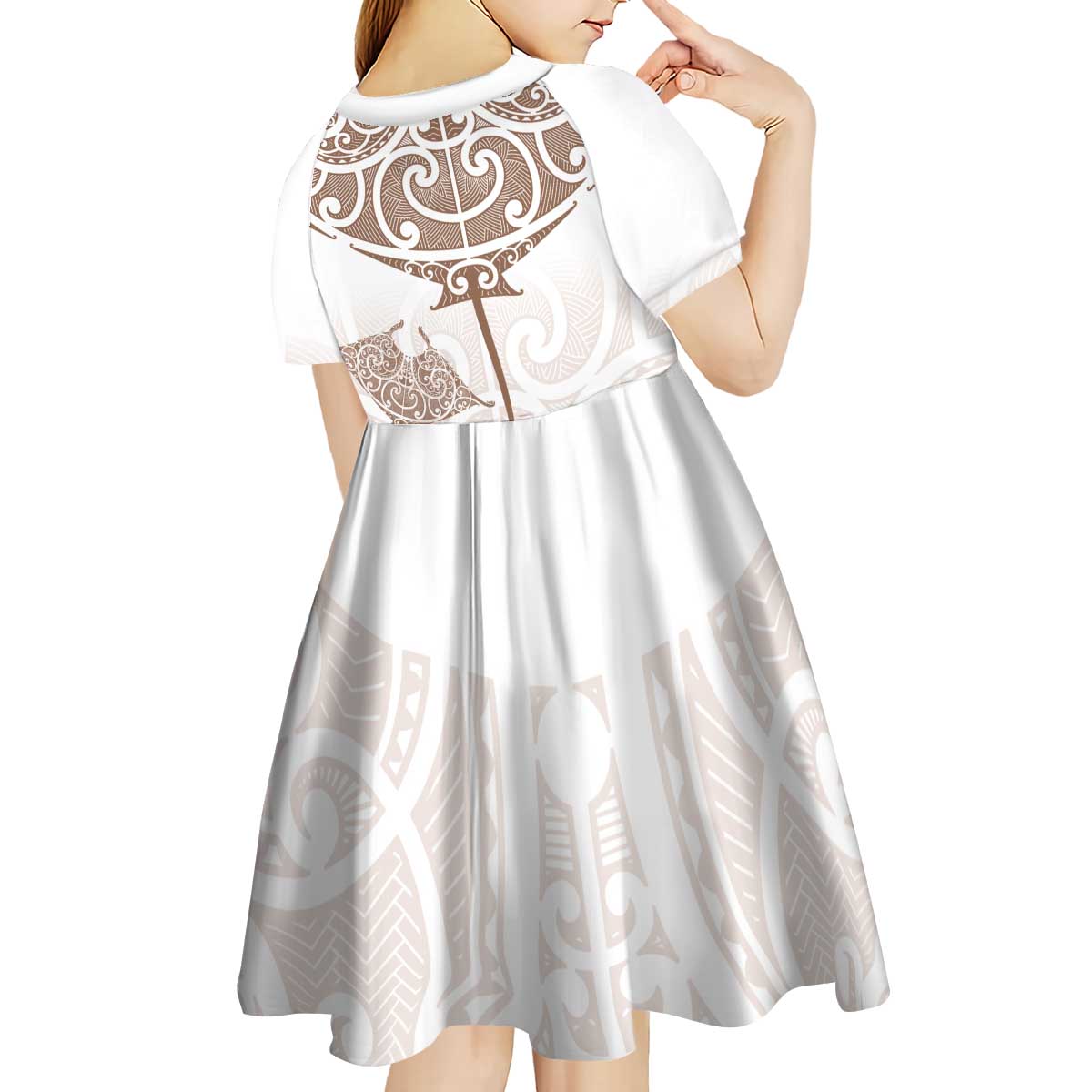 New Zealand Manta Ray Tattoo Kid Short Sleeve Dress Aotearoa Maori Haehae Beige - Polynesian Pride