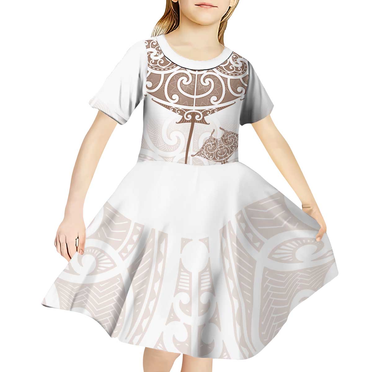 New Zealand Manta Ray Tattoo Kid Short Sleeve Dress Aotearoa Maori Haehae Beige - Polynesian Pride