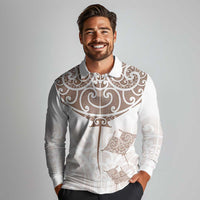 New Zealand Manta Ray Tattoo Long Sleeve Polo Shirt Aotearoa Maori Haehae Beige - Polynesian Pride