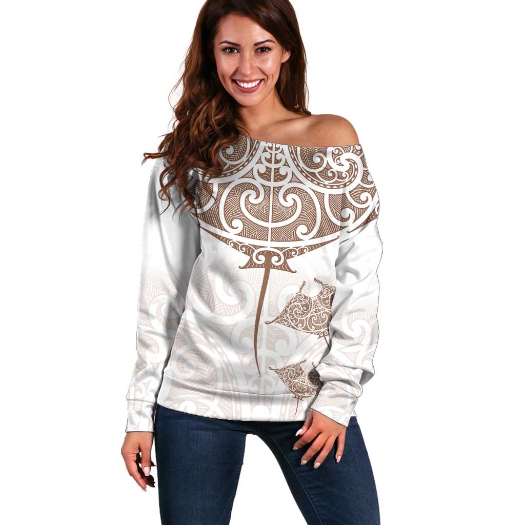 New Zealand Manta Ray Tattoo Off Shoulder Sweater Aotearoa Maori Haehae Beige LT14 Women White - Polynesian Pride
