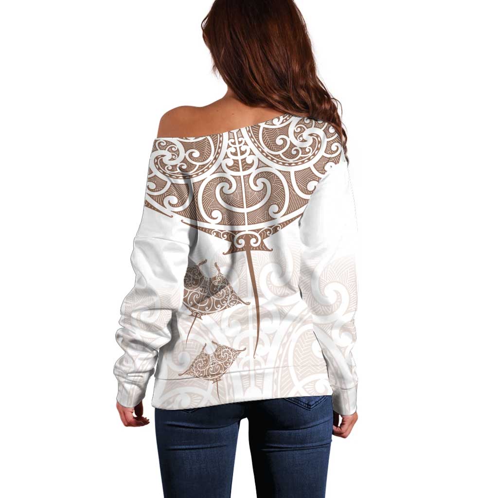 New Zealand Manta Ray Tattoo Off Shoulder Sweater Aotearoa Maori Haehae Beige LT14 - Polynesian Pride