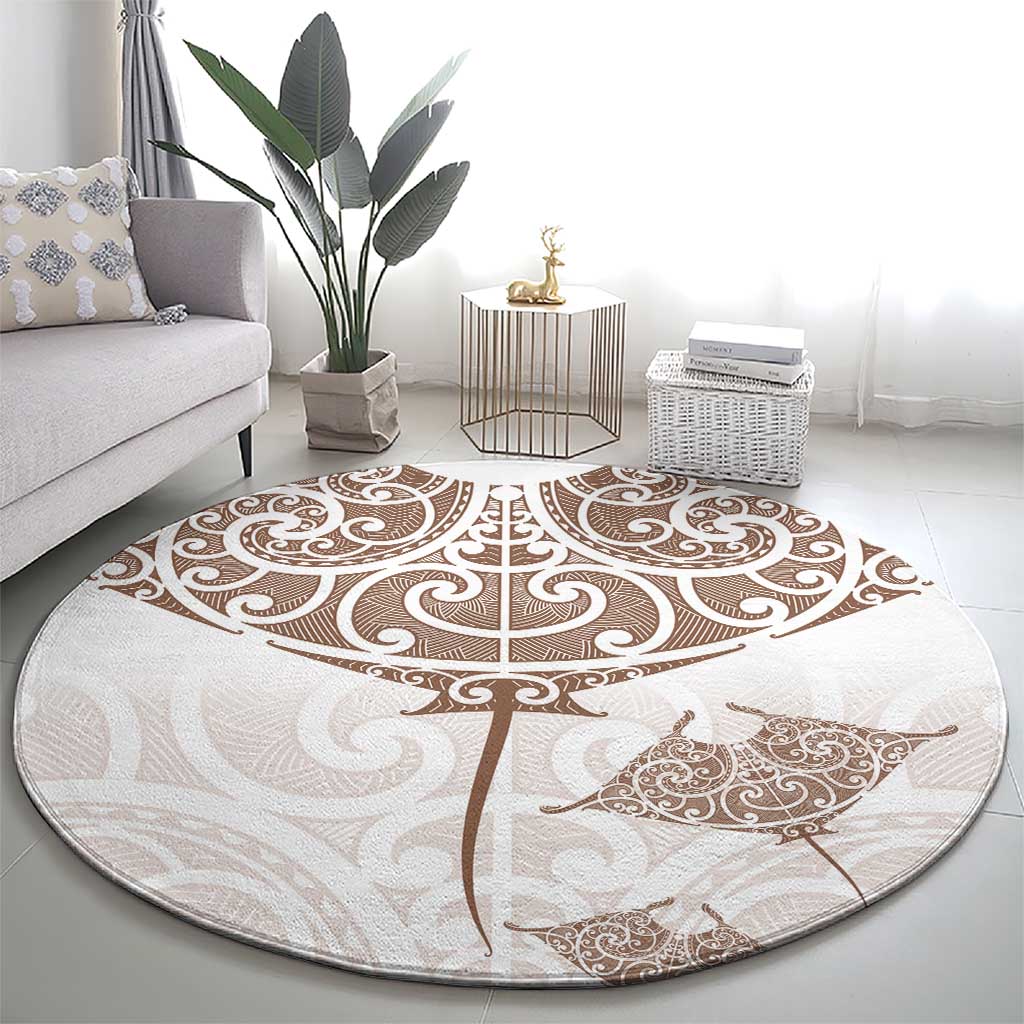 New Zealand Manta Ray Tattoo Round Carpet Aotearoa Maori Haehae Beige LT14 - Polynesian Pride