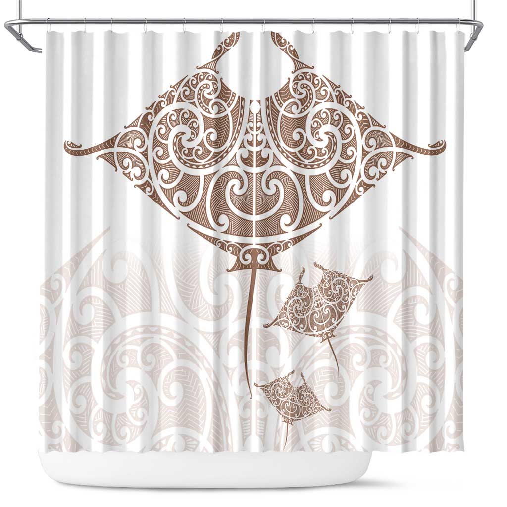 New Zealand Manta Ray Tattoo Shower Curtain Aotearoa Maori Haehae Beige LT14 White - Polynesian Pride