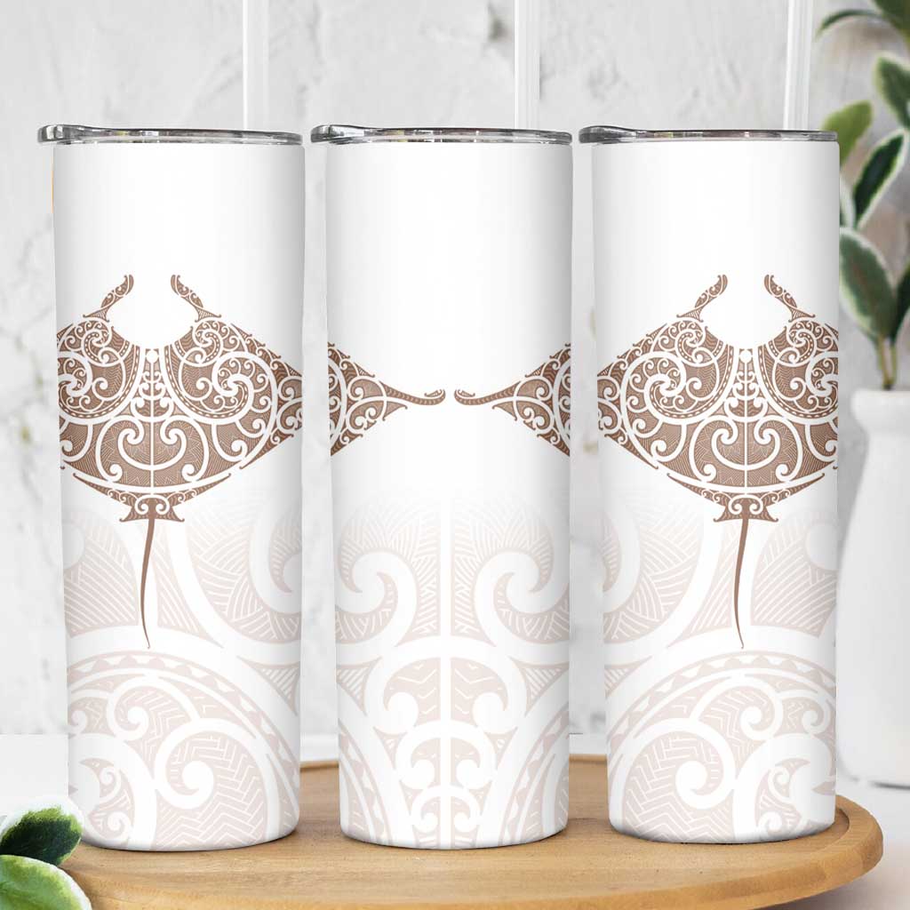 New Zealand Manta Ray Tattoo Skinny Tumbler Aotearoa Maori Haehae Beige - Polynesian Pride