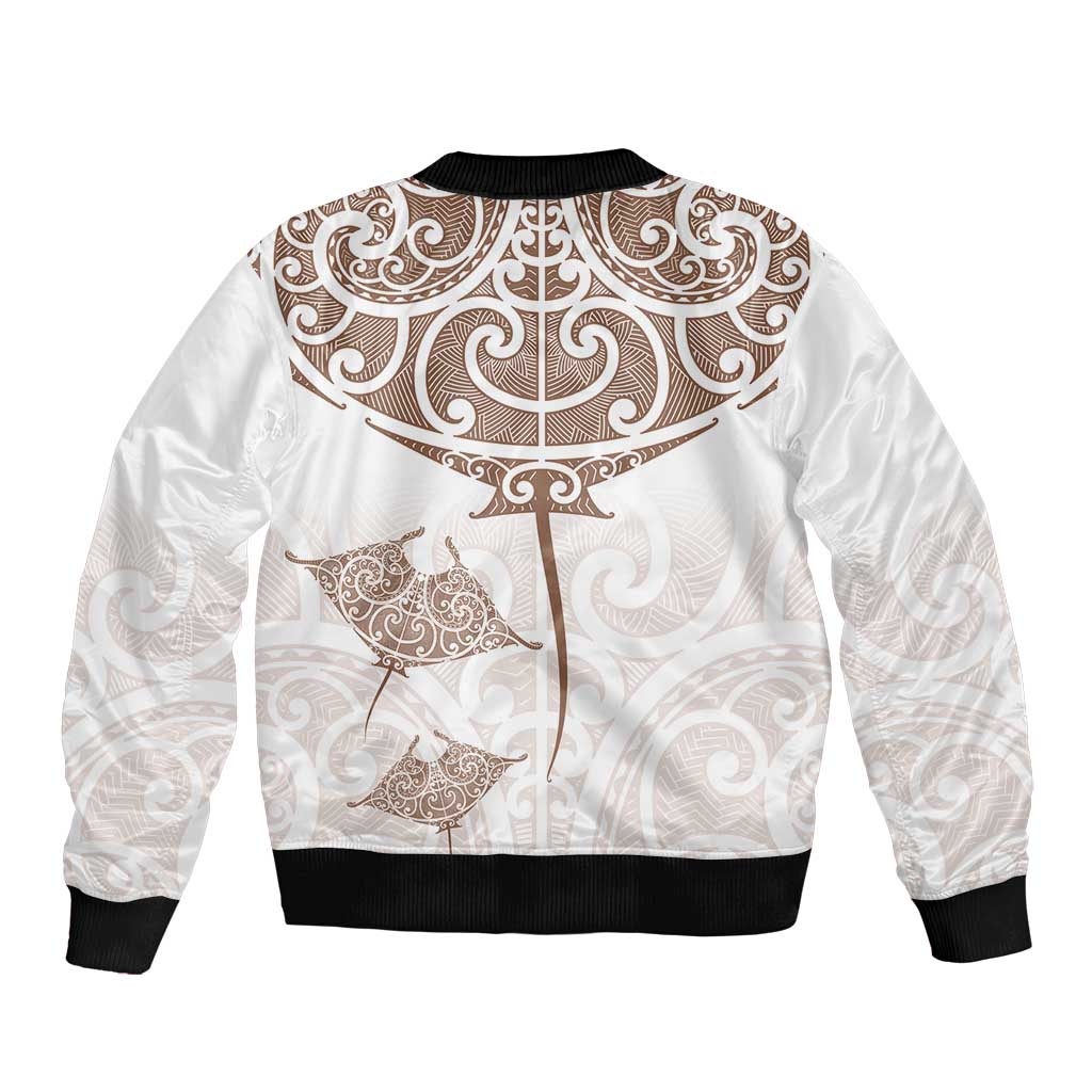 New Zealand Manta Ray Tattoo Sleeve Zip Bomber Jacket Aotearoa Maori Haehae Beige LT14 - Polynesian Pride