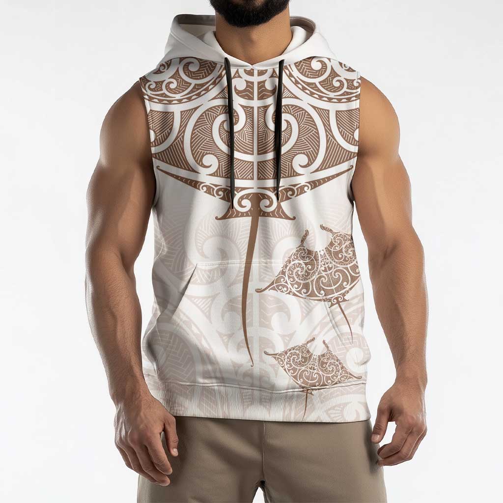 New Zealand Manta Ray Tattoo Sleeveless Hoodie Aotearoa Maori Haehae Beige - Polynesian Pride