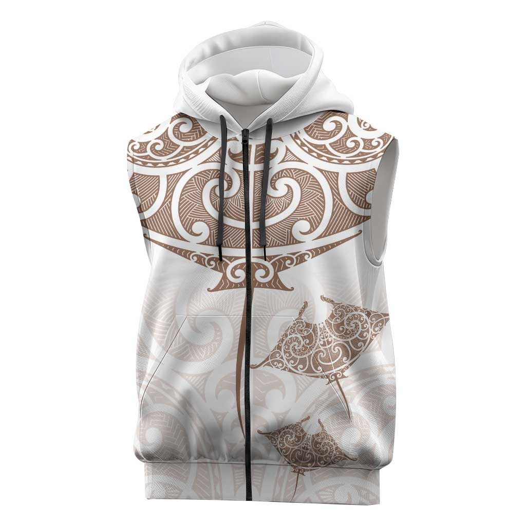 New Zealand Manta Ray Tattoo Sleeveless Zip Hoodie Aotearoa Maori Haehae Beige LT14 White - Polynesian Pride