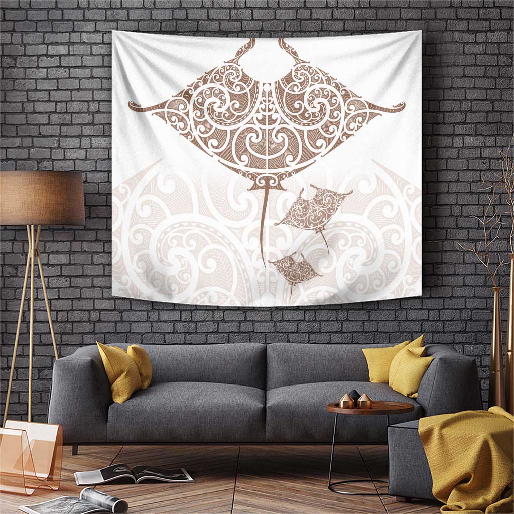 New Zealand Manta Ray Tattoo Tapestry Aotearoa Maori Haehae Beige LT14 White - Polynesian Pride