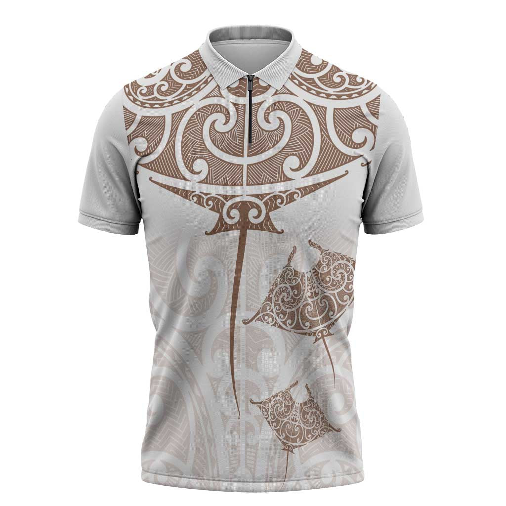 New Zealand Manta Ray Tattoo Zipper Polo Shirt Aotearoa Maori Haehae Beige - Polynesian Pride