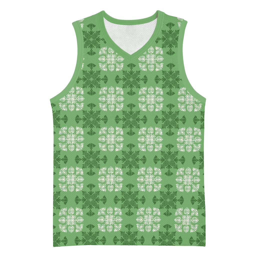 Green Hawaiian Quilt Basketball Jersey Hawaii Pineapple Monstera Palaka Motifs - Polynesian Pride