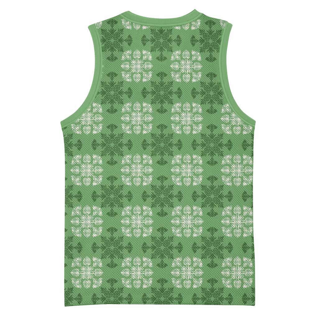 Green Hawaiian Quilt Basketball Jersey Hawaii Pineapple Monstera Palaka Motifs - Polynesian Pride