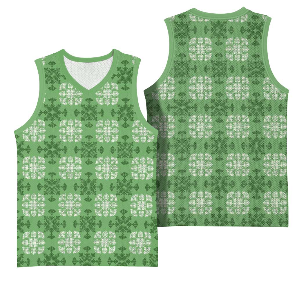 Green Hawaiian Quilt Basketball Jersey Hawaii Pineapple Monstera Palaka Motifs - Polynesian Pride