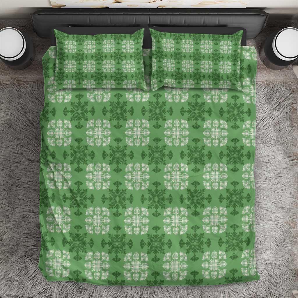 Green Hawaiian Quilt Bedding Set Hawaii Pineapple Monstera Palaka Motifs - Polynesian Pride