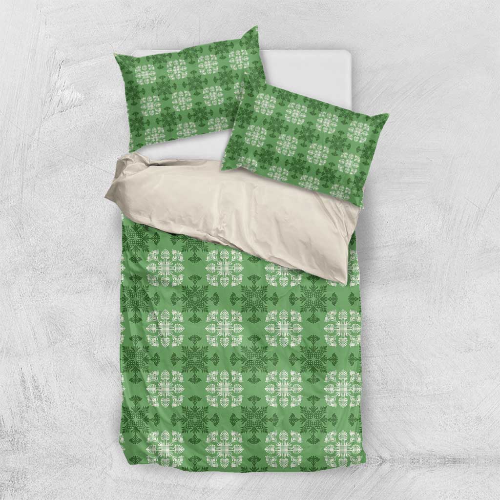 Green Hawaiian Quilt Bedding Set Hawaii Pineapple Monstera Palaka Motifs - Polynesian Pride