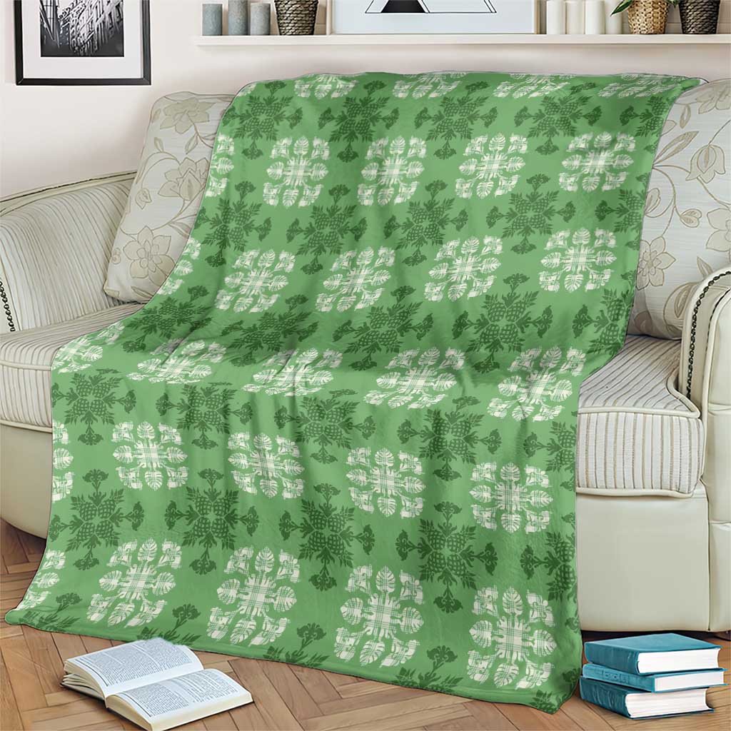 Green Hawaiian Quilt Blanket Hawaii Pineapple Monstera Palaka Motifs - Polynesian Pride