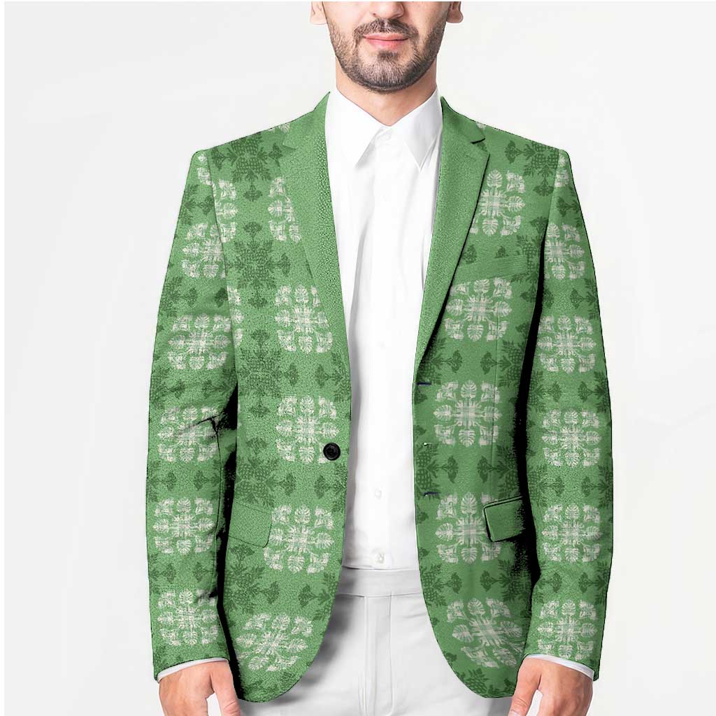 Green Hawaiian Quilt Blazer Hawaii Pineapple Monstera Palaka Motifs LT14 - Polynesian Pride